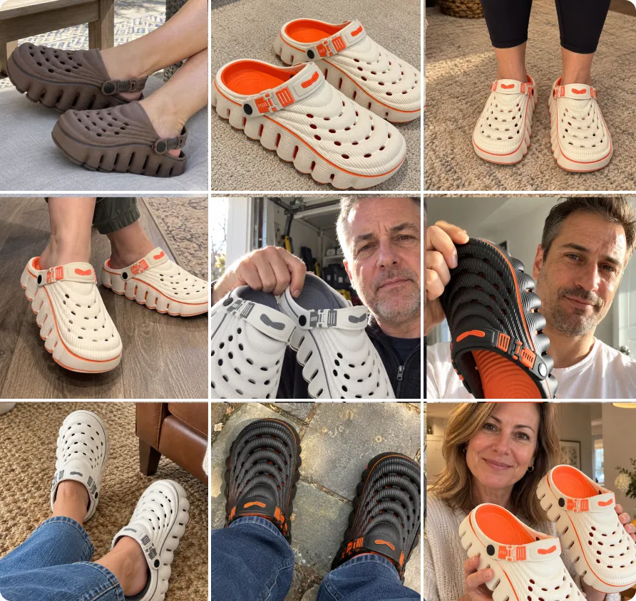 People wearing RESTORE recovery clogs after work